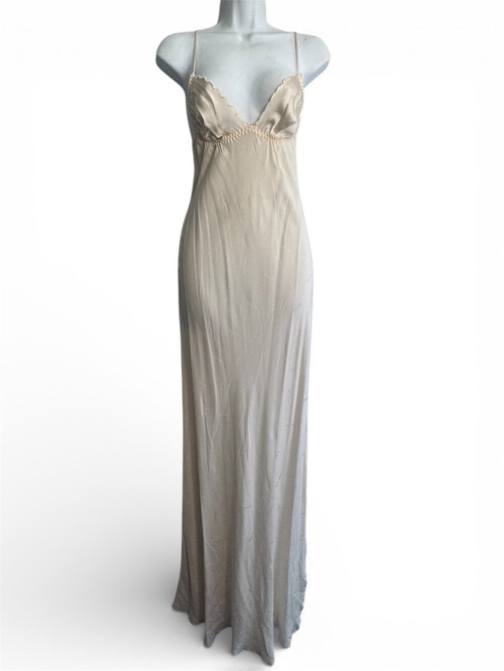 Vintage 80s West Hollywood Ivory Satin Slip Dress Scalloped Lingerie Gown XS